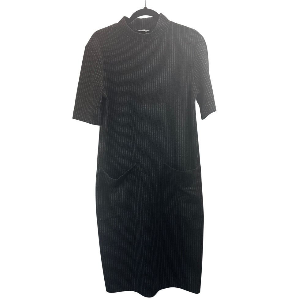 ZARA Black Pinstripe Mock Neck Short Sleeve Midi Dress Women's Sz M‎ Preppy Chic